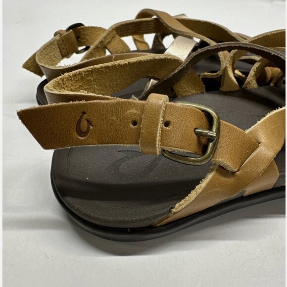 OluKai Awe Awe Sandals Leather Strappy Shoes Open Toe Brown Gold Womens Size 7 - Picture 4 of 12